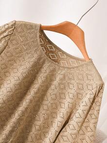 CosyJoli Plus Size Women's Textured Jacquard Fabric Round Neck Short Sleeve T-Shirt, Khaki Summer Casual Everyday Versatile Loose Over Size Ladies Tops Office - Coffee Brown - View 2
