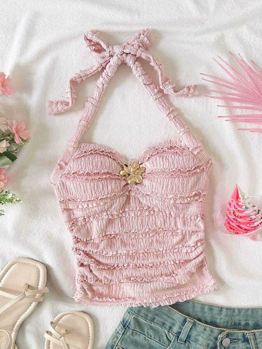 SHEIN Áo tank top cổ yếm chất liệu vải dệt họa tiết, kiểu dáng Y2K, dành cho bé gái tuổi teen, thích hợp mặc hàng ngày hoặc đi nghỉ mát, điểm nhấn là chi tiết kim loại. - Hồng - Xem 1