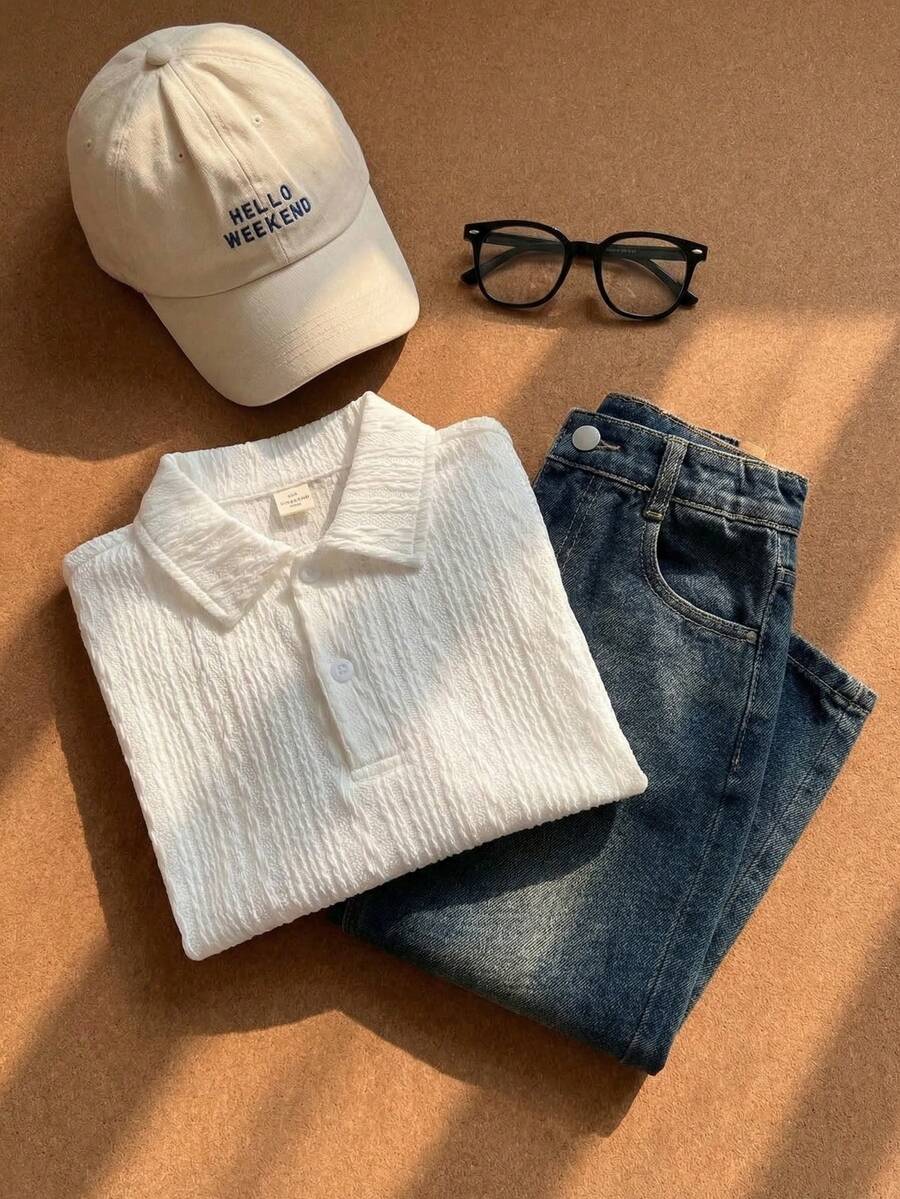 SHEIN Little Byeori 1件男童休闲、舒适、时尚、百搭、柔软、宽松短袖polo衫,适合春、夏、秋季日常穿着、运动、郊游、上学、聚会、节日、拍照等场合。 - 白色 - 查看 1