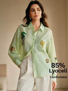 Anewsta 女款淺綠色亮片刺繡棕櫚樹長袖襯衫，秋季度假海灘熱帶休閒風 - 綠色 - 查看 4