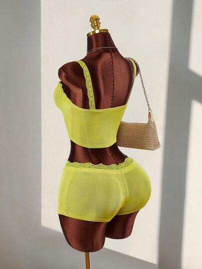 Amplova Contrast Color Lace Patchwork Bow Decor Camisole & Mini Shorts 2 Pieces Set