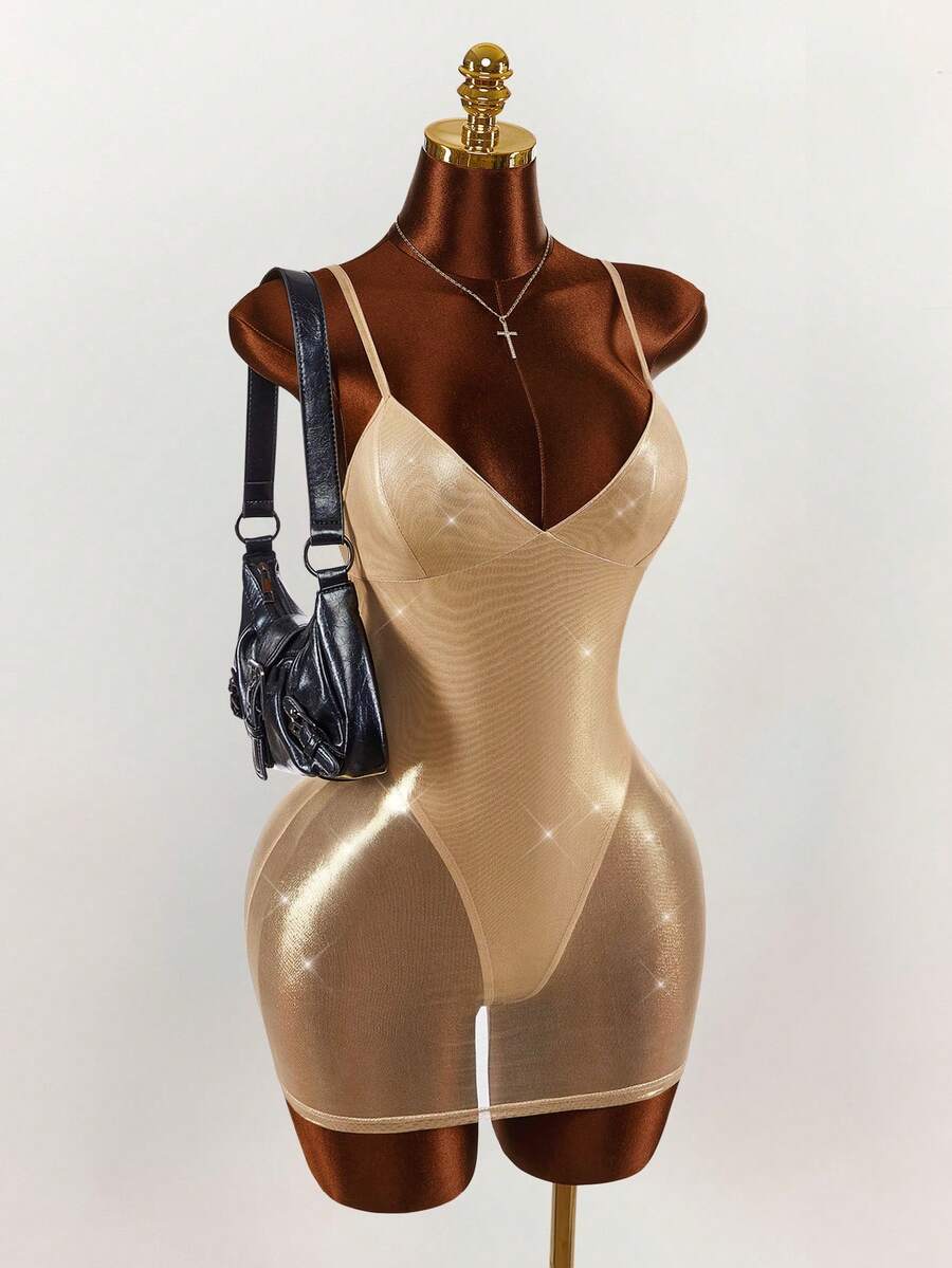 Amplova 女士低胸透视性感迷你连衣裙 - 金色 - 查看 1