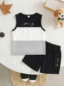 Set de 2 piezas para bebé y niño pequeño unisex de 0 a 3 años, con top de chaleco y pantalones cortos en patrones de color negro, blanco y gris. Conjunto cómodo y casual para uso diario, adecuado para interior, exterior, diario, deportes, juego, fiesta, fotografía, vacaciones, traje casual. - Multicolor - Ver 4