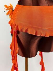 Amplova 2026 Low Waist 3D Floral Asymmetrical Hem Mini Skirt - Orange - View 10