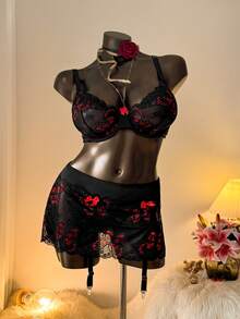 Auralis 3pcs/Set Plus Size Lace Sexy Underwire Lingerie Set, Valentine's Day - Multicolor - View 1