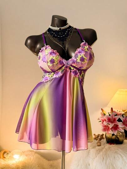 Auralis 大码女式刺绣彩虹渐变印花网眼露背吊带睡衣