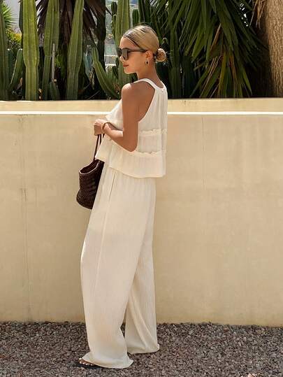 Women's Solid Color Ruffle Trim Halter Top And Pants Casual 2 Pieces Set Summer Lounge Sets For Women