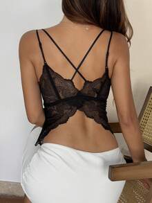 FRIFUL 女士蕾丝拼接休闲百搭约会之夜吊带背心 - 黑色 - 查看 9