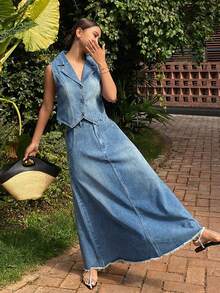 DAZY Ensemble veste en jean blanc délavé et mini-jupe casual pour femmes, tenue d'invitée de mariage pour le printemps/été - Bleu azur - Voir 9