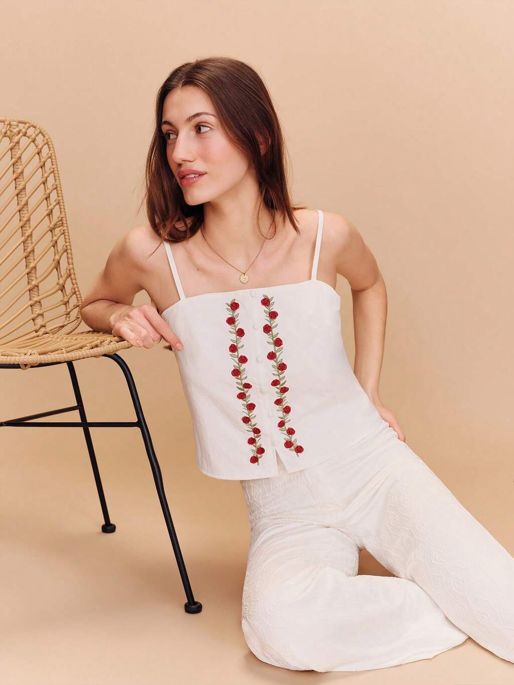 White Straight-Neck Tank Top With Red Floral Embroidery Cute Style Spring Summer French Style Parisian Style White Embroidered Flower Top Vacation Top Boho Top