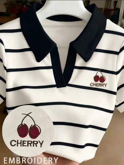 Resyla Blusa casual de mujer con estampado de cereza y rayas, versátil para uso diario