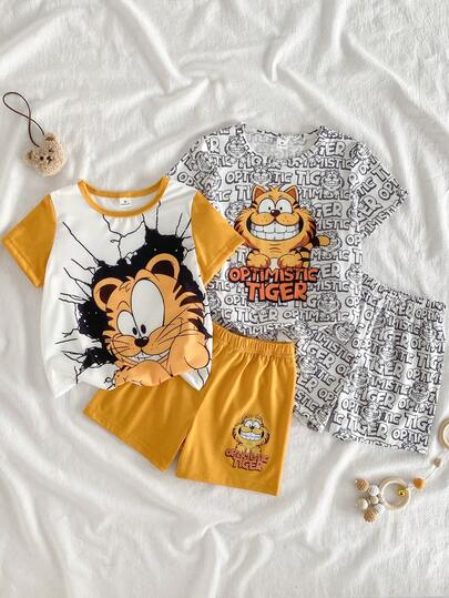 4件套男童可爱卡通老虎印花宽松舒适夏季薄款短袖短裤睡衣套装