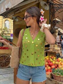 Elyressa V-Neck Sleeveless Knit Cardigan With Sequin Decor And Front Button Closure, Fashionable Sexy Golf Pastal Autumn - Green - View 4