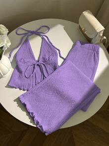 Flirla Women's Textured Pleated Halter Neck Tank Top And Loose Wide Leg Pants Set Two Piece Summer Sets Leisure Two Piece Set - Purple - View 5