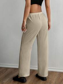 SHEIN Unity Women's Solid Color Elastic Waist Drawstring Straight Loose Pants ,Petite Women - Khaki - View 2