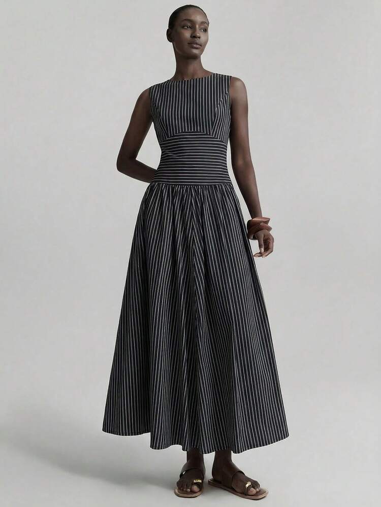2026SS New Arrival Spring Women's Striped Patchwork Elegant Lady Striped Round Neck Sleeveless Ruched Waist Casual Maxi Dress, Daily Wear, Easter Dress, Summer Dress, Graceful Dress, Casual Maxi Dress, Vacation Dress, Wedding Event Dress,Summer Dresses For Women