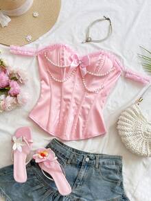 Soleia Áo ngực kiểu cung đình sang trọng với chuỗi ngọc trai giả và ren hình bướm. - Hồng - Xem 7