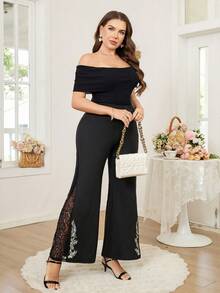 Reflora Plus Size Solid Color High Waist Lace Patchwork Flare Pants Lace Pants For Woman Elegant Pants For Women Buissness Casual Women Pants Lace Insert Pants Wide Leg Pants - Black - View 5