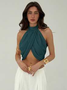 Aloruh Chiffon Vacation Casual Fashion Cross Ruched Back Neck Button Elegant Sexy Women Blouse - Dark Green - View 3