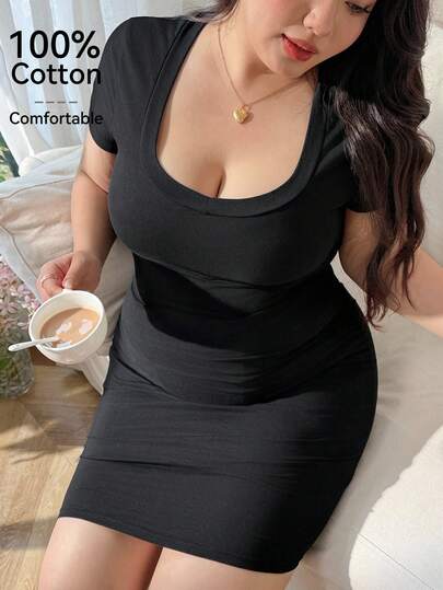CovetEZ Comfortable Cotton Square Neck Short Sleeve Casual Slim Fit Plus Size Dress, Spring/Summer Tight Black Dress, Summer Dresses Stretchy Dress Ruched Dresses For Women Tummy Control Dress