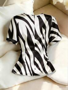 Selianne Women's Elegant Versatile Solid Color Contrast Trim V-Neck Ruffle Sleeve T-Shirt - Black and White - View 2