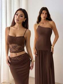 SHEIN PETITE Conjunto de dos piezas de verano para mujer con encaje calado, top sin espalda + falda larga, elegante y sexy para usar en festivales, San Valentín, citas, festivales de música, banquetes, vestido ligero adecuado para otoño e invierno como ropa interior - Marrón - Ver 7