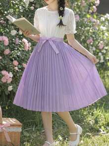 SHEIN ChillGRL Gaun Ulang Tahun Remaja Perempuan Putih, Musim Panas, Elegan, Berenda, Lengan Pendek Berkerut, Leher Bulat, Kancing Tetesan, Rok Lipit, Serbaguna untuk Sehari-hari, Perjalanan, Pesta - Purple - View 3