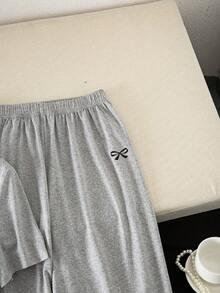 一件式短袖休闲印花春夏少女夏季通勤套装，运动休闲直筒裤，短袖轻便舒适两件套。 - 灰色 - 查看 4
