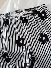 SHEIN Summer Clothes Teen Girl Casual Floral Print T-Shirt And Striped Pants Set, Summer Squishy Set Summer Outfits - Black and White - View 6
