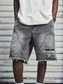 Modcrash Quần short denim nam trơn, viền tua rua, có túi, kiểu dáng thời trang, phong cách retro Mỹ, unisex, dáng rộng thoải mái, phù hợp cho trang phục mùa hè – thích hợp mặc hàng ngày và đi nghỉ hè. - Màu Xám nhạt - Xem 4
