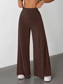 SHEIN PETITE Women's High Elastic Wide Leg Black Trousers - Brown - View 6