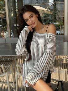 DAZY Women's Cutout Shoulder Striped Drop Shoulder Loose Long Sleeve T-Shirt Cover Ups For Swimwear - Black and White - View 9