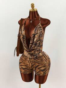 Amplova Boho Style Leopard Print Sexy Low-Cut Bodycon Jumpsuit For Women - Brown - View 5