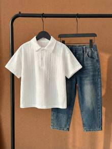 SHEIN Little Byeori 1件男童休闲、舒适、时尚、百搭、柔软、宽松短袖polo衫，适合春、夏、秋季日常穿着、运动、郊游、上学、聚会、节日、拍照等场合。 - 白色 - 查看 9