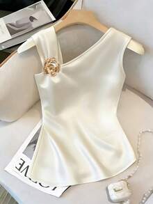 Franclia Women's Solid Color Asymmetric Sleeveless Ruched Decorative Button T-Shirt - White - View 2