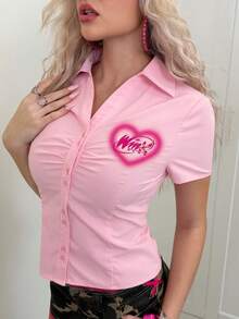 The Winx X SHEIN Women's Front Button Short Sleeve Casual Summer Everyday Shirt, The Winx - Pink - View 5