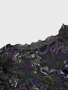 ROMWE Gothic Aesthetic Sexy Snake, Eagle, Moth Sheer Print Short Sleeve Blouse For Women - Black - View 3