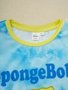 SpongeBob SquarePants | SHEIN 男童卡通印花圆领短袖上衣和短裤休闲家居服睡衣套装 - 藍色 - 查看 3