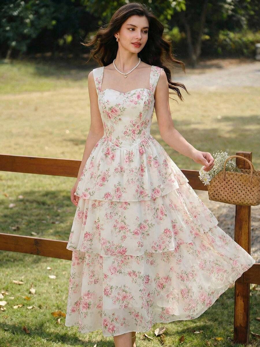 Vintamour Women's Elegant White And Pink Ditsy Floral Maxi Dress,Cottage Core Heart Neck Ruffle Hem Camisole,Summer Holiday Tea Party Vacation Wedding Guest - Multicolor - View 1