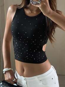 DAZY Áo croptop nữ mùa hè đính đá lấp lánh, cổ tròn, thiết kế khoét lưng, ôm sát, kiểu dáng casual gợi cảm. - màu đen - Xem 4