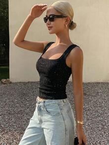 DAZY Women's Square Neck Fitted Ribbed Camisole Top, Summer Vacation Outfits Women - Black - View 6
