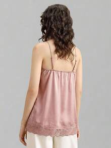 Ontre Áo nữ chất liệu satin crepe mềm mại, thoải mái, viền ren, dây mảnh, xẻ tà bên hông, đa năng, thanh lịch, sang trọng, phù hợp cho du lịch biển, hiện đại, thành thị, công sở, mang hơi hướng cổ điển nhẹ nhàng, chất lượng cao, tinh tế, thời trang sân bay, chất liệu cao cấp. - Hồng - Xem 4