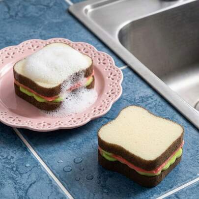 Joivida 1 pieza/2 piezas Esponja para lavar platos con diseño de sándwich de dibujos animados, para limpieza y eliminación de manchas en la cocina, algodón de lavado creativo, estropajo de tostada lindo, paño de cocina.