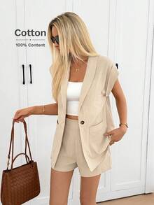 Easowa 100%纯棉休闲宽松优雅通勤套装 - 马甲西装外套和阔腿短裤，春夏女装 - 杏色 - 查看 1