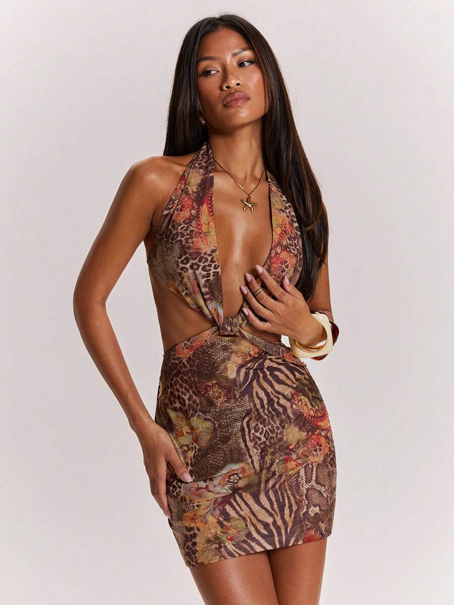 SHEIN BAE Đầm ngắn gợi cảm khoét lưng với họa tiết da báo Paisley, thích hợp cho lễ hội nhạc đồng quê, câu lạc bộ, hoạt động ngoài trời, mùa hè, phong cách Boho. - Nhiều màu - Xem 1