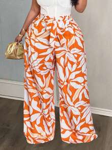 Slaydiva 大码女式印花系带阔腿裤，度假女裤夏季裹身裤印花高腰阔腿裤女式阔腿裤女式夏季裤阔腿裤度假套装裤 - 橘色 - 查看 4