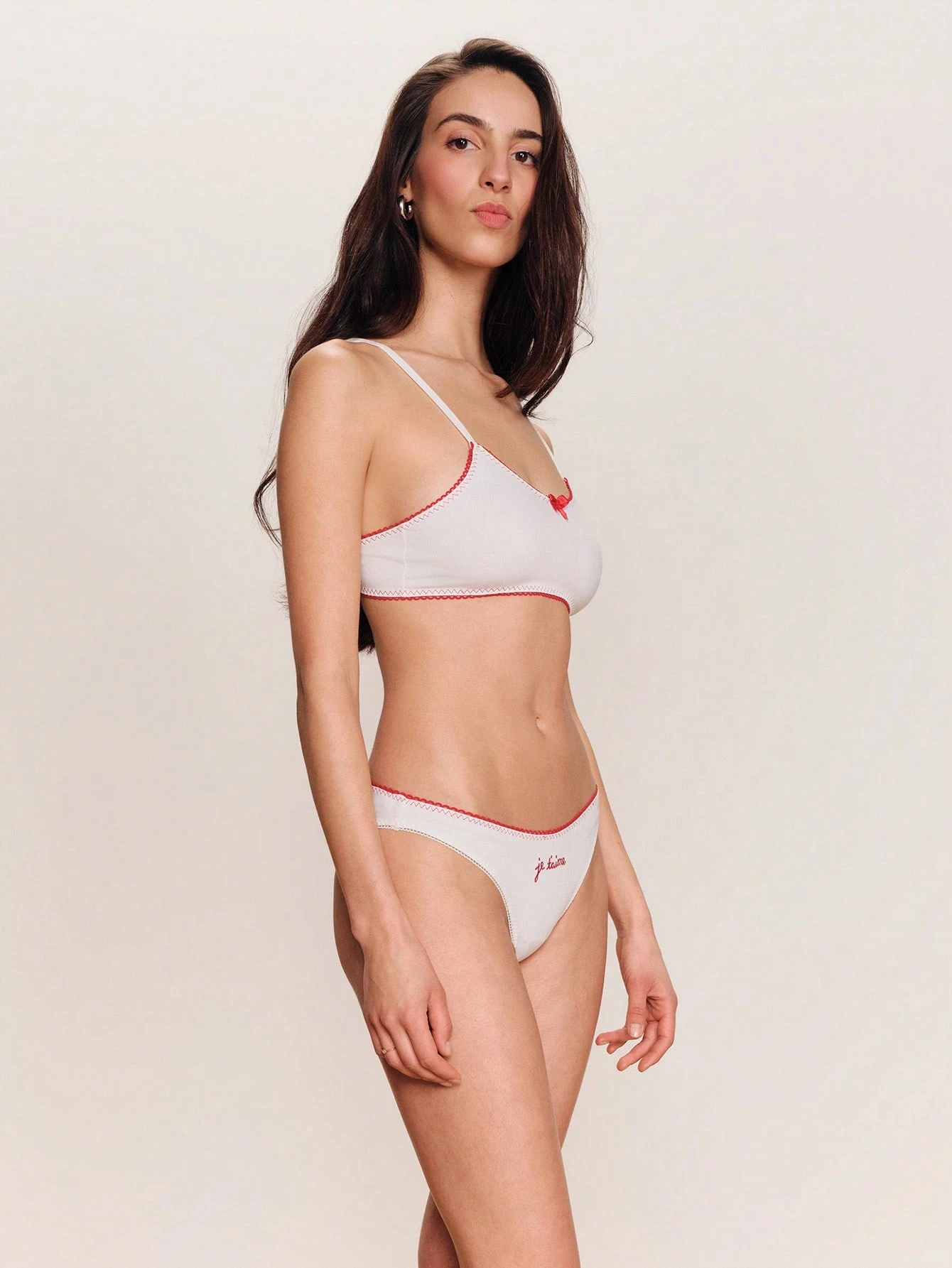 Cute White Lingerie Set With Red Details, Triangle Bra With Matching Thong Je T'aime French Text Embroidery Romantic Lingerie Set Chic Bra And Panty Set Spring Summer French Style Parisian Style Lingerie Set Lingerie For Women