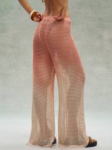 Bohemela Women's Beige Summer Boho Vacation Holiday, Vintage Ombre Tie-Dye Distressed Hollow Out Knit Pants, Loose Low Waist Casual Trousers, Y2k - Khaki - View 4