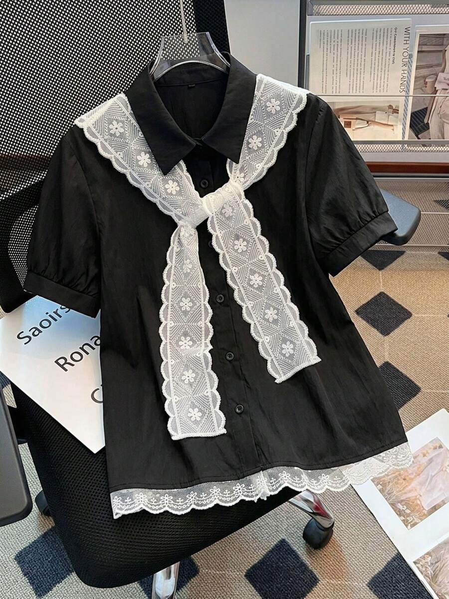 Resyla 新款女士浅蓝色可拆卸领披肩,花卉下摆休闲通勤外出约会度假两件套上衣,短袖衬衫 - 黑色 - 查看 1