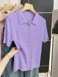 SHEIN Franclia 新款夏季休闲宽松百搭简约优雅柔软Polo衫，适合办公室、工作、通勤等场合，金属纽扣设计，修身剪裁，款式简洁大方，男女皆宜，极简女式开衫 - 淡紫色 - 查看 8